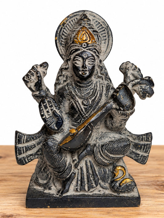 Brass Saraswati Statue Black and Sand Finish - 4" x 3"