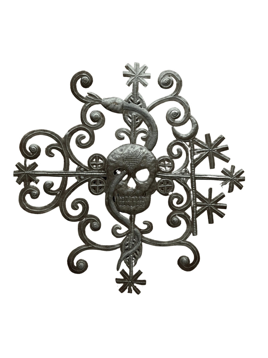 Haitian Voodoo Skull with Snake Metal Hanging Art