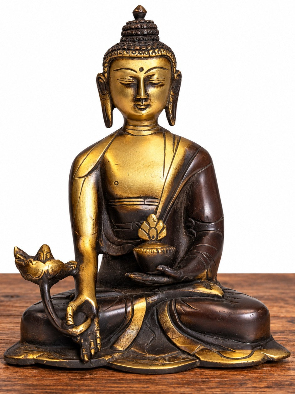 Brass and Brown Buddha Statue with Lotus - 6"x5"