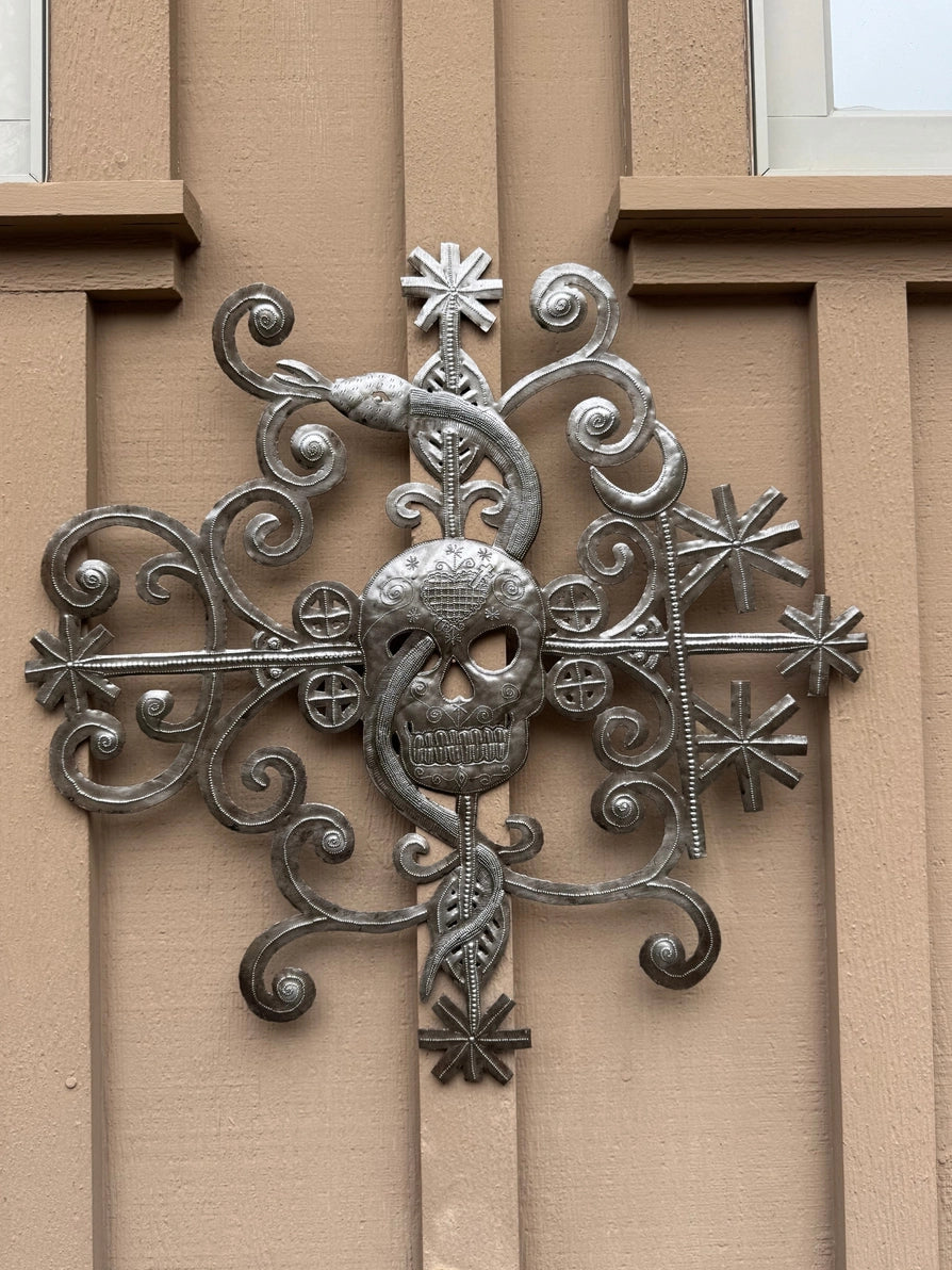 Haitian Voodoo Skull with Snake Metal Hanging Art